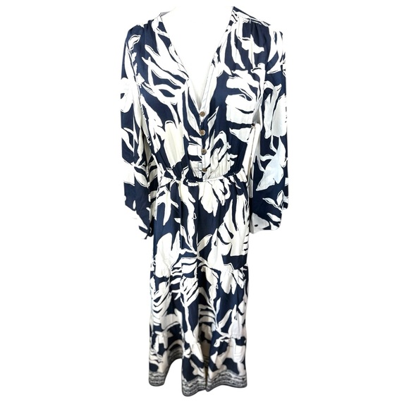 Anthropologie‎ Boemo NWT SZ XL Blue &White tropical leaf pattern midi dress - Picture 1 of 15